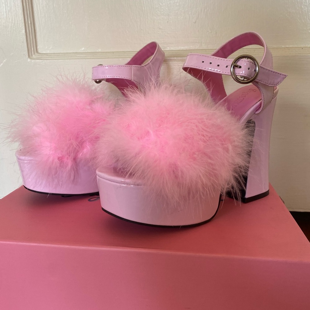 Sugar Thrillz pink marabou platform heels